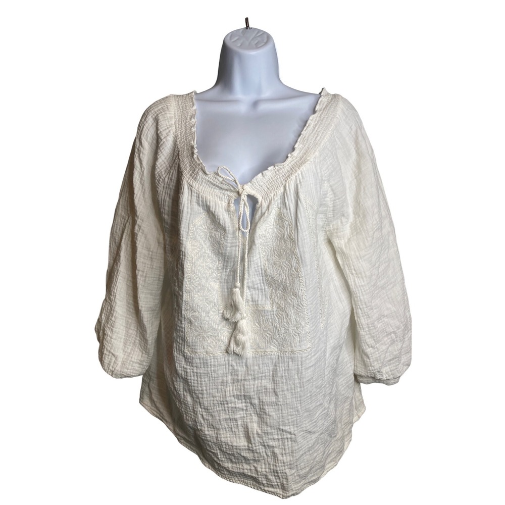 ADIVA Womens White‎ Gauze Embroidered Peasant Top Sz S Oversized Flowy Fairy